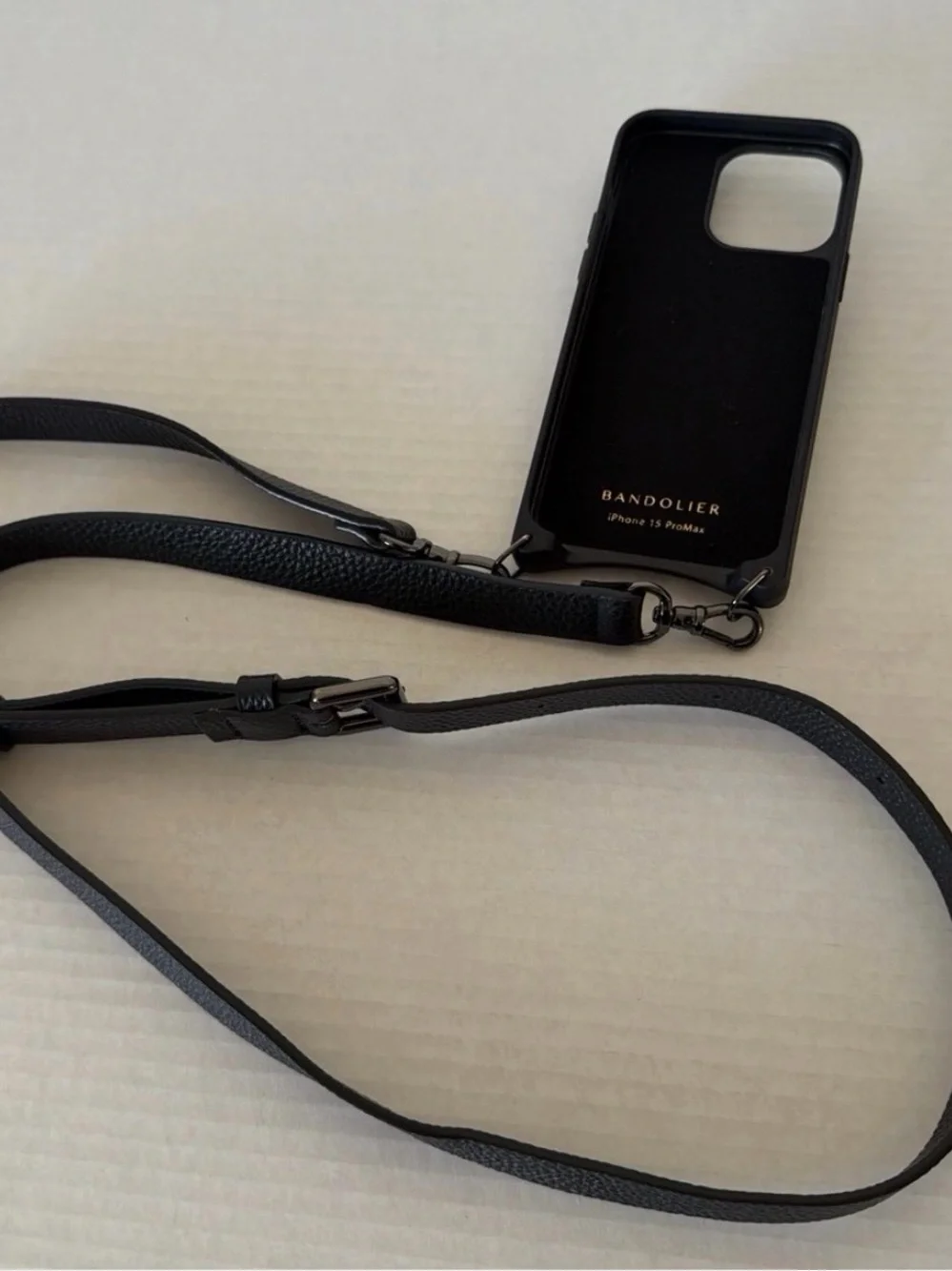 BANDOLIER Black Leather iPhone 15 Pro Max Phone Case with Strap